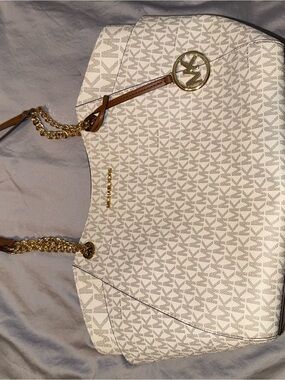 Michael Kors Cream and Brown Logo Chain Shoulder Bag